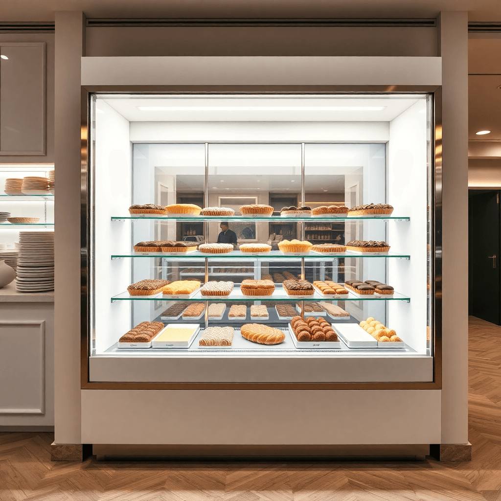 High-end pastry display fridge in a luxury bakery